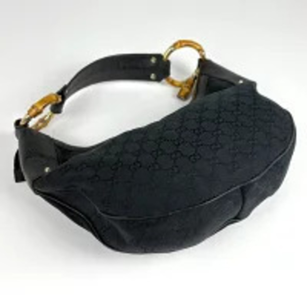 Gucci Hobo Black GG Handbag Shoulder Bamboo Bag 2way Canvas Black